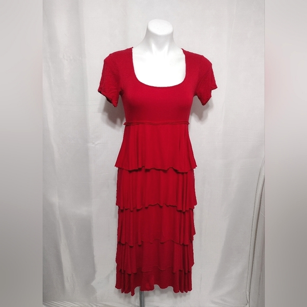Ruby Jane Red Scoop Neck Raw Seam Tiered Midi Dress Medium Soft Stretchy Casual
